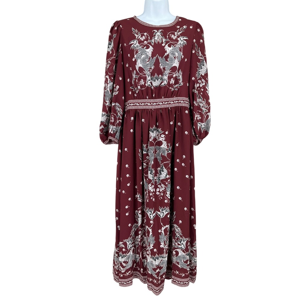 Max Studio Maxi Dress Womens Sz S Burgundy‎ Floral Boho Whimsical Botanical